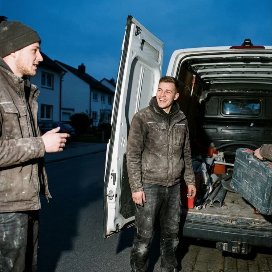 Zwei Handwerker stehen am Feierabend lachend am offenen Transporter